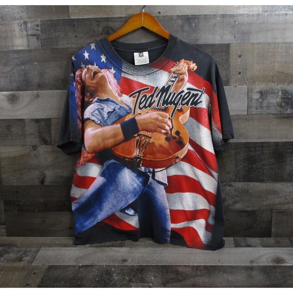 Vintage Ted Nugent Shirt Mens Large 1996 All Over Graphic American Flag 90s